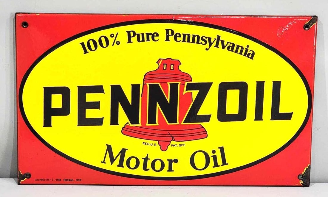 Pennzoil Motor Oil w/Red Bell Porcelain Sign (TAC): rated 9, 13.75"x23.5", the SSP rolled edge sign has very good color and gloss, field is clean, has small chips at three corners, marked. Rarity 4. TAC #063322