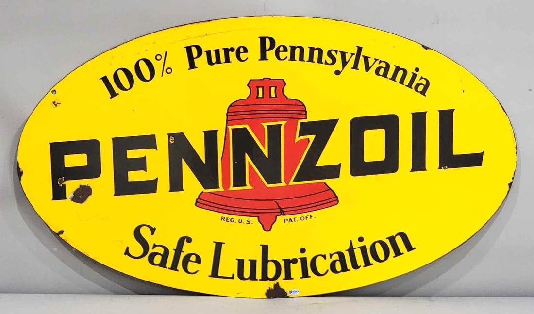 Pennzoil Safe Lubrication w/Red Bell Logo Porcelain Sign (TAC): rated 8.5 & 8.25, 18"x31", the DSP oval sign has excellent color and gloss, display has a few chips, reverse has more, marked. Rarity 4. TAC #032477