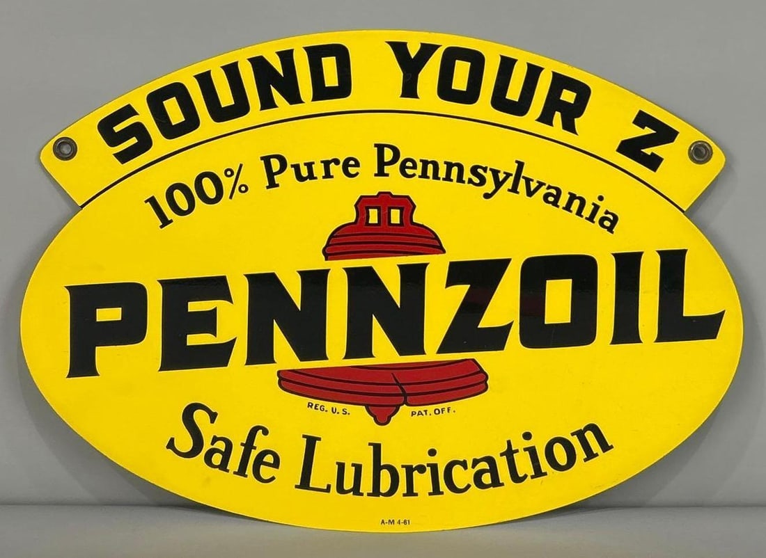 Outstanding Pennzoil Die-Cut Painted Metal Sign: (Rated 9.25, 9.25). 12" x 16.5". This DST sign has excellent color and gloss throughout both sides. Display and reverse show only light surface scratching. Rarity 2. TAC # 033871.