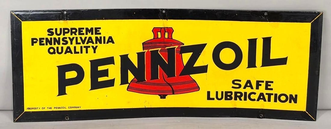 Pennzoil Safe Lubrication w/Red Bell Porcelain Sign (TAC): rated 7.25, 15"x40", the DSP sign has good color and gloss, has a vertical touched up cease and chips, reverse the chips are no touched up. Rarity 5. TAC #063781