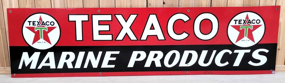 Texaco (white-T) Marine Products Porcelain Identification Sign (TAC): rated 8.5, 35.5"x96", the SSP sign has very good color and gloss, has a few small touched up chips and areas with wear. Rarity 5. TAC #063326