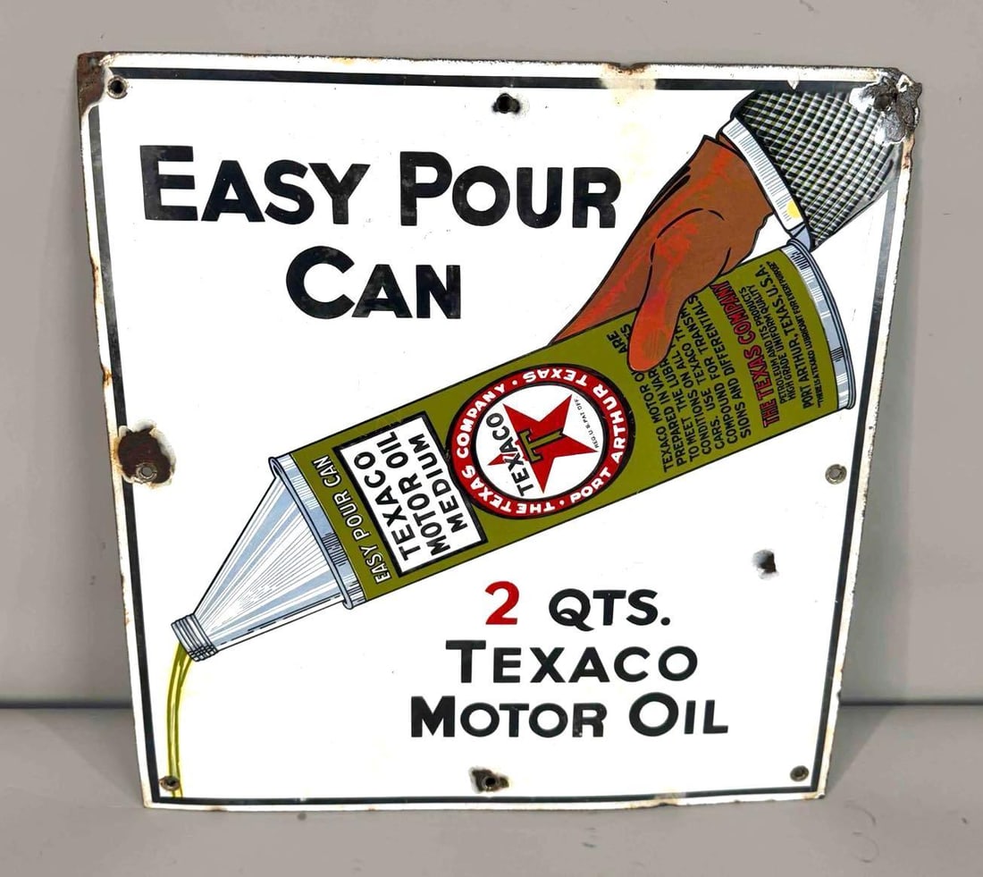 Texaco "Easy Pour Can" w/hand Porcelain Sign (TAC): rate 8.25, 16" x 16", the SSP sign has good color and gloss, field is clean, has chips around the perimeter, TAC #008208