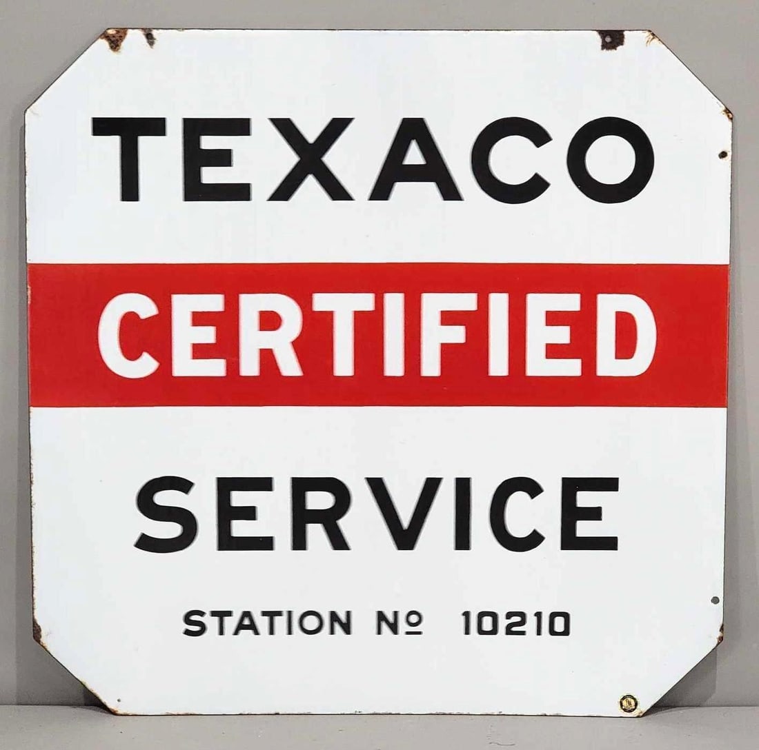 Texaco Certified Service Station No.#10210 Porcelain Sign (TAC): rated 9, 30"x30", the DSP sign has excellent color and gloss, fields are clean, has small chips around the perimeter. Rarity 3. TAC #063251