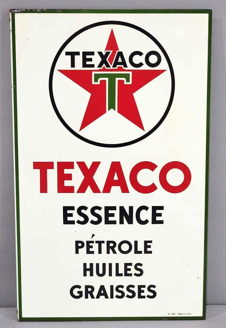Texaco (white-T) w/Star Logo Essence Metal Flange Sign (TAC): rated 9, 25.5"x16", the metal flange sign has good color and shine has light wear, more wear around the perimeter, Made in U.S.A., dated 1960. Rarity 4. TAC #063247