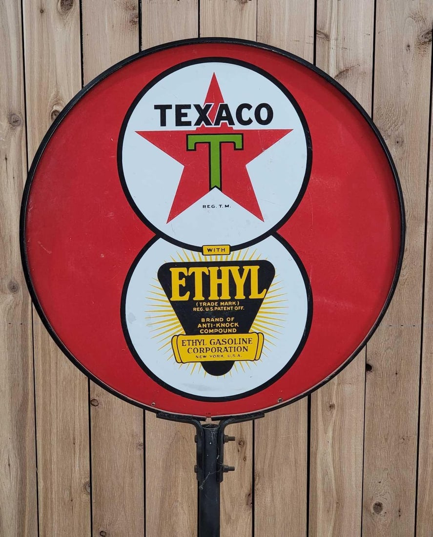 Texaco (black-T) Eight-Ball Porcelain Sign (TAC): rated 7.75, 30"D., the DSP sign has good color, has several touched up chips, has clear coat over half the sign, mounted on Burdick cast iron base. 