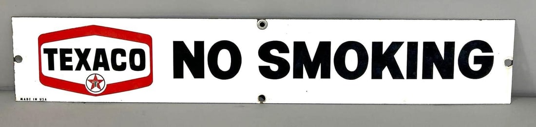 Texaco (new logo) No Smoking Porcelain Sign (TAC): rated 9, 4"x23", the SSP sign has excellent color and gloss. Rarity 2. TAC #058200