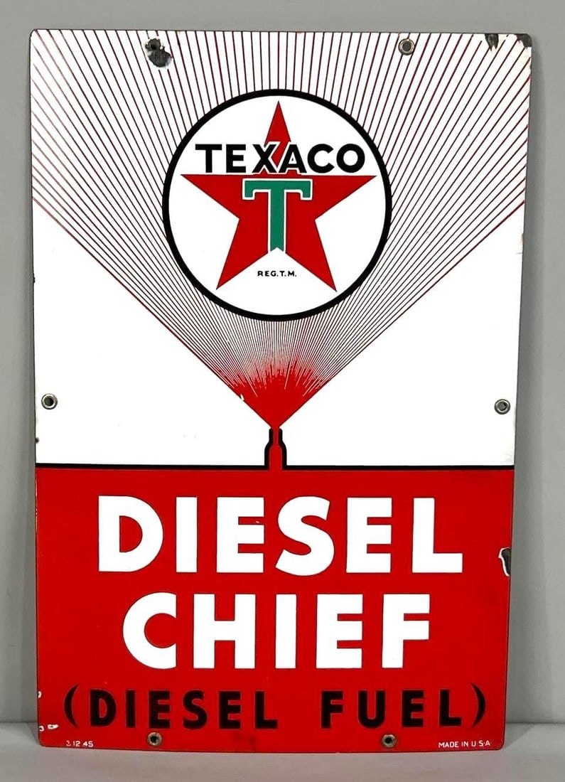 Texaco Diesel Chief Single-Sided Porcelain Pump Plate: (Rated 8.75). 12" x 18". This SSP sign has god color and gloss throughout the field. Sign shows minor surface staining in the field, as well as, porcelain loss and staining on the outer edge. Rarity 3