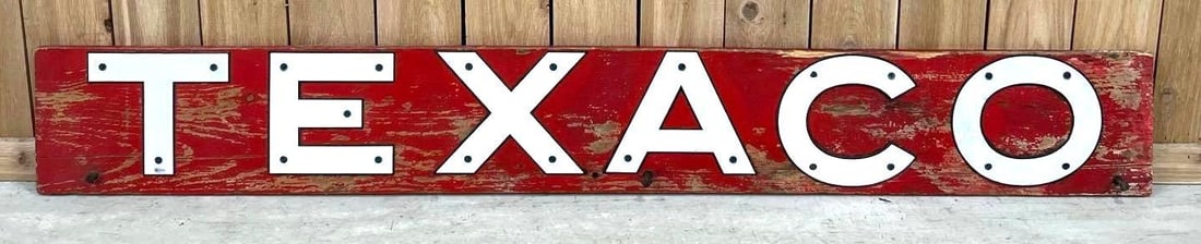 TEXACO Porcelain Letters (TAC): rated 8.5 to 9, 8"T. some letters have minor rust staining, mounted on a board. TAC #032378