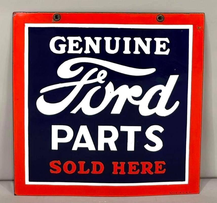 "EXCEEDINGLY RARE!" Genuine Ford Parts Sold Here Porcelain Sign (TAC): rated 9c, 15"x15", the SSP sign has excellent color and gloss, has tiny flea bite in the field, ink stamped Made in U.S.A. Rarity 9. TAC #058714