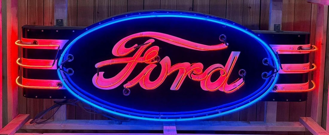 Ford w/Wings Porcelain Neon Sign: rated 8, white has been restored, blue has not, 32"x86", the SSP diecut sign the white is restored, the blue is nice with a couple small touched up chips, mounted on an older metal can with new neon t