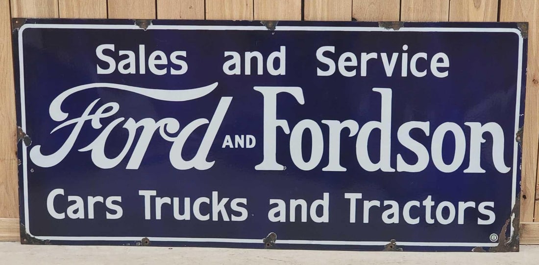 Ford & Fordson Sales Service Cars Trucks Tractors Porcelain Sign (TAC): rated 8.75, 27"x59.5", the SSP sign has excellent color and gloss, has a few chips in field, has chips around the perimeter. Very Unique how the dealer professionally painted the back to make it a dou