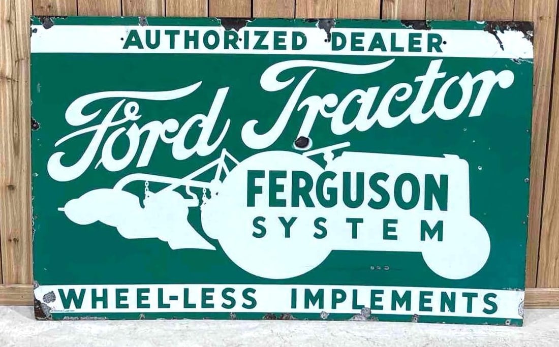 Ford Tractor Ferguson System Porcelain Sign (TAC): rated 8.5 & 8, 40"x64", the DSP sign has good color and some gloss, display has a few small chips, larger chips around the perimeter, reverse has more chips and marks in the field, marked Ford Motor C