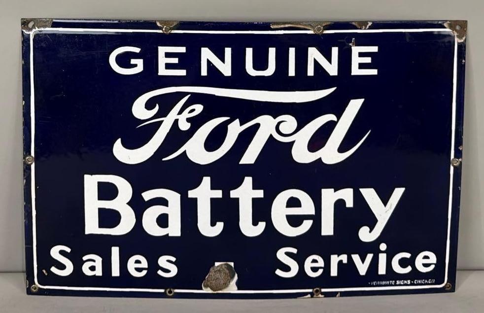 Genuine Ford Battery Sales Service Porcelain Sign (TAC): rated 8.5, 15"x23", the SSP sign has very good color and gloss, field is clean, has chips at top and bottom edges, marked Veribrite. Rarity 5. TAC #063747