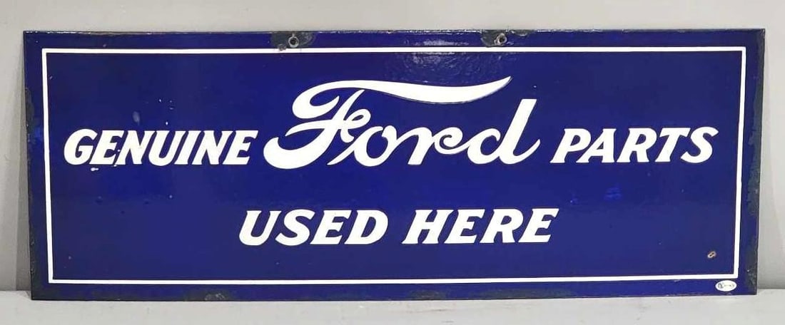 Genuine Ford Parts Used Here Porcelain Sign (TAC): rated 8.9, 9.75"x26", the SSP sign has good color and gloss, has light wear, has touched up chips around the perimeter, marked Penco on back. Rarity 6. TAC #032475