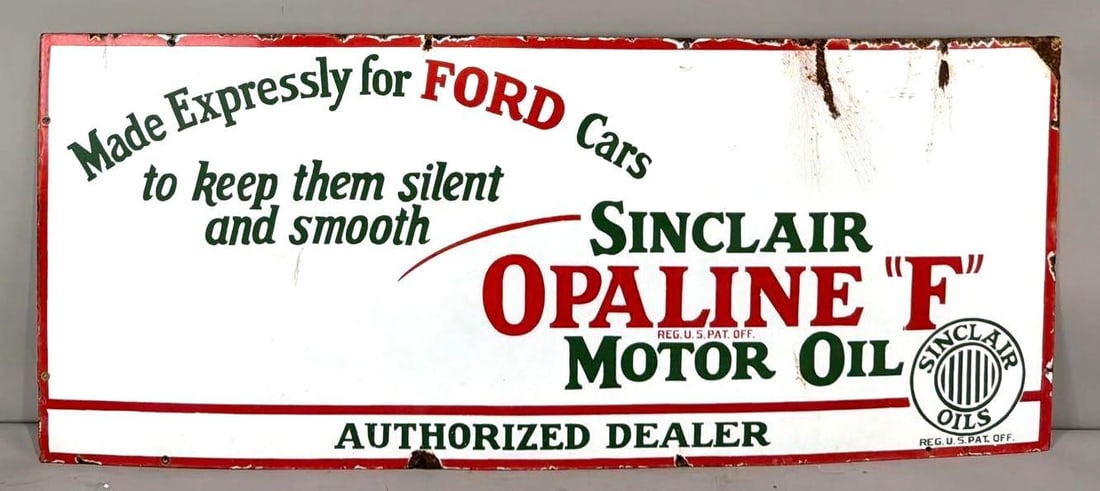 Sinclair Opaline "F" Motor Oil for Ford Cars Porcelain Sign (TAC): rated 7.9, 20"x47.75", the SSP sign has good color and some gloss, has large chips and stress lines in the right-hand top field. Rarity 5. TAC #063837