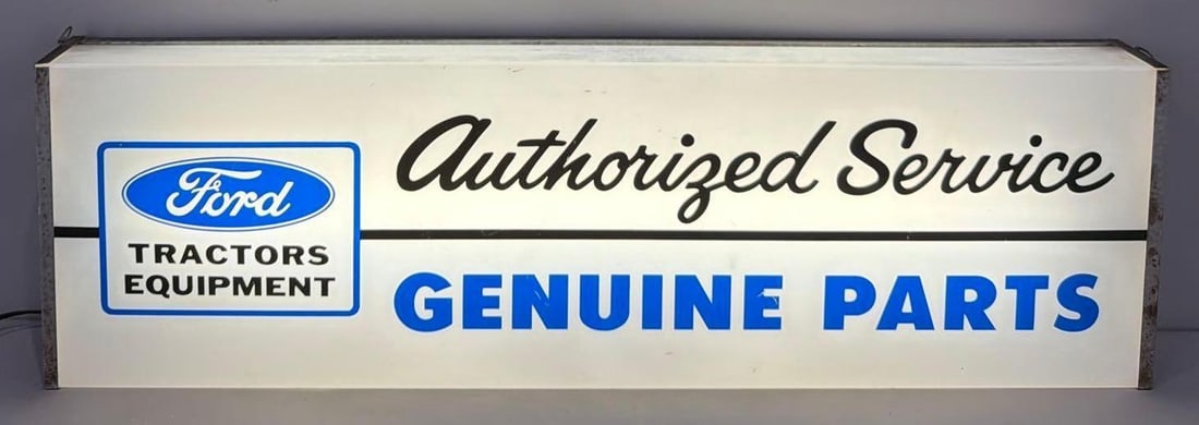 Ford Tractor Equipment Authorized Service Genuine Parts Plastic Lighted Sign: rated 8.9, 11"x36"x4", the molded plastic insert is in good condition with light wear, lights nicely.