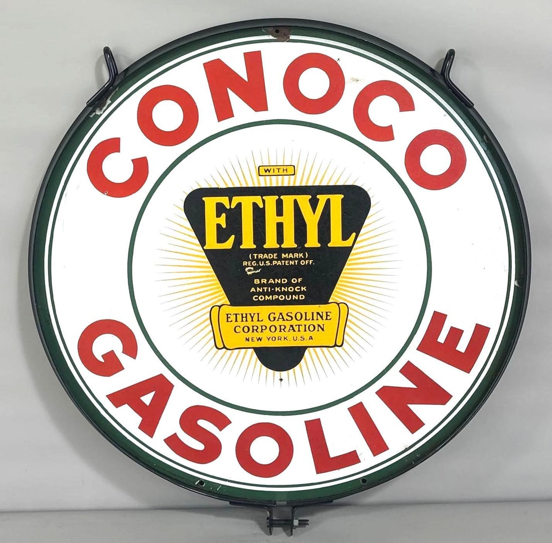 30" Conoco Gasoline w/Ethyl Logo Porcelain Sign (TAC): rated 8.5, 30"D., the DSP sign has good color and gloss with small chips and wear. Reverse has a little more. Rarity 4. TAC #061403