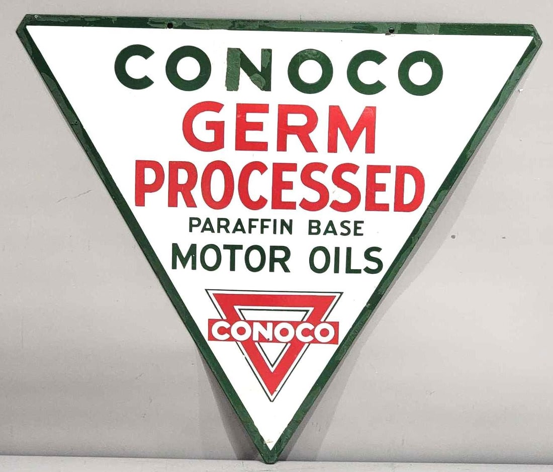 Conoco Germ Processed Motor Oil w/Logo Porcelain Sign (TAC): rated 8, 25.5"x28.5", the DSP die-cut sign has good color and gloss, has touched up chips in the field and around the perimeter, reverse has a heavy mark, marked Veribrite. Rarity 4. TAC #032461