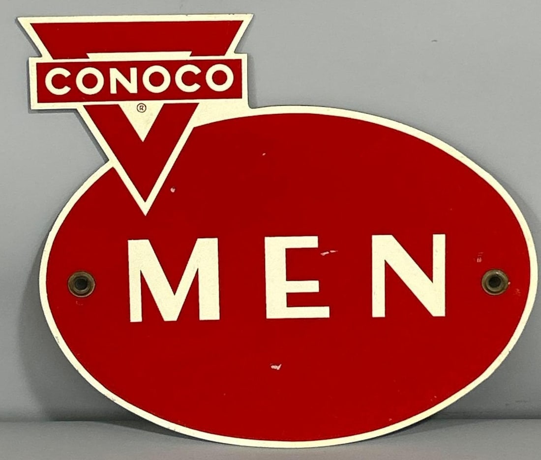 Conoco Men Rest Room Metal Sign (TAC): rated 8.9, 9"x10.5", the SST die-cut sign has good color and shine with a few tiny marks. Rarity 3. TAC #061456