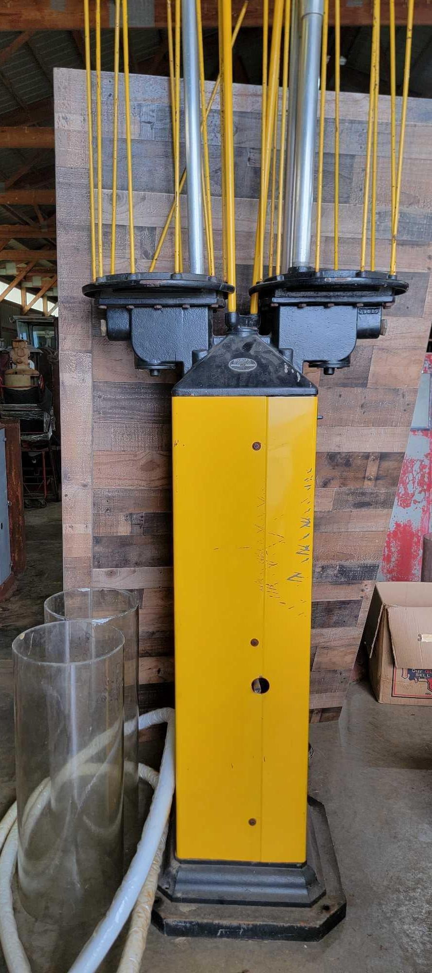 Canadian Bowser Model Twin Ten Gallon Visible Gas Pump: Is an old restoration, comes with only one pump handle, 2 clear glass cylinders, 2 new white hoses, has pumps. See photos.