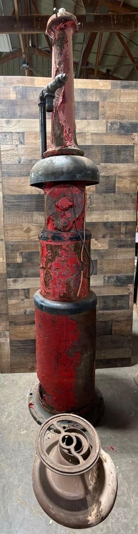 Tokheim Model #326 Clock-Face Gas Pump: the gas pump is a old repaint, clock face has been painted, comes with light tower, has minor dents in lower skins.