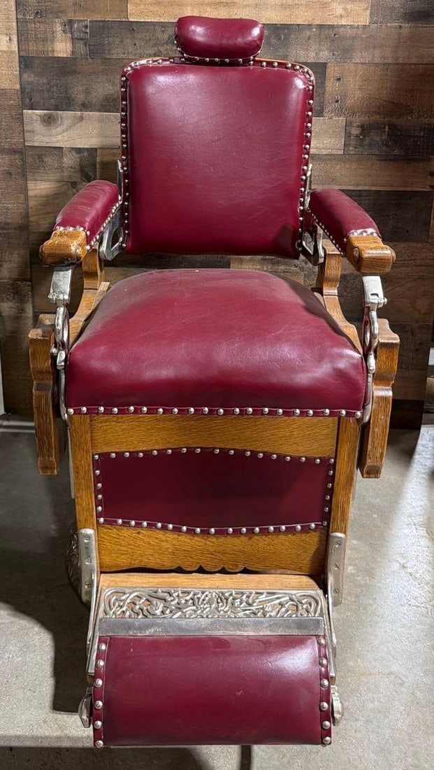 Koken Quarter Sawn Barber Chair: in fair to good condition, the metal and covers are in good condition, wood has some wear and pieces missing, works.