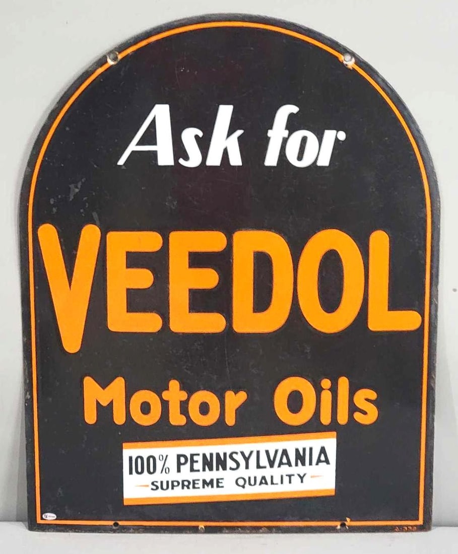 Ask for Veedol Motor Oils Porcelain Sign (TAC): rated 7.9, 28"x22", the DSP tombstone-shaped sign, has good color and some gloss, has wear and scratches, chips around the perimeter. Rarity 3. TAC #032444