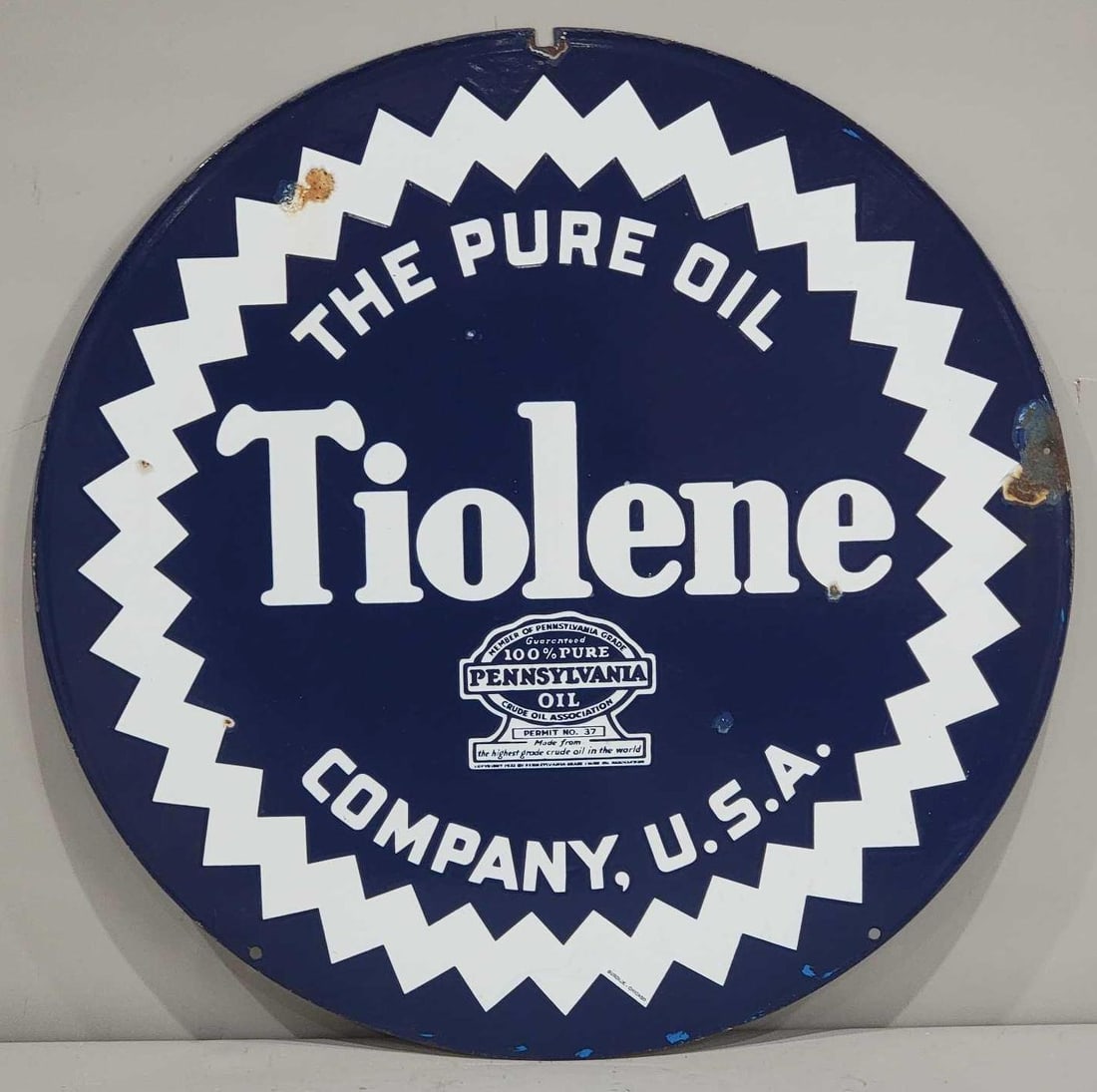 Tiolene The Pure Oil Co. w/Sawtooth Border Porcelain Sign (TAC) (1 of 7)