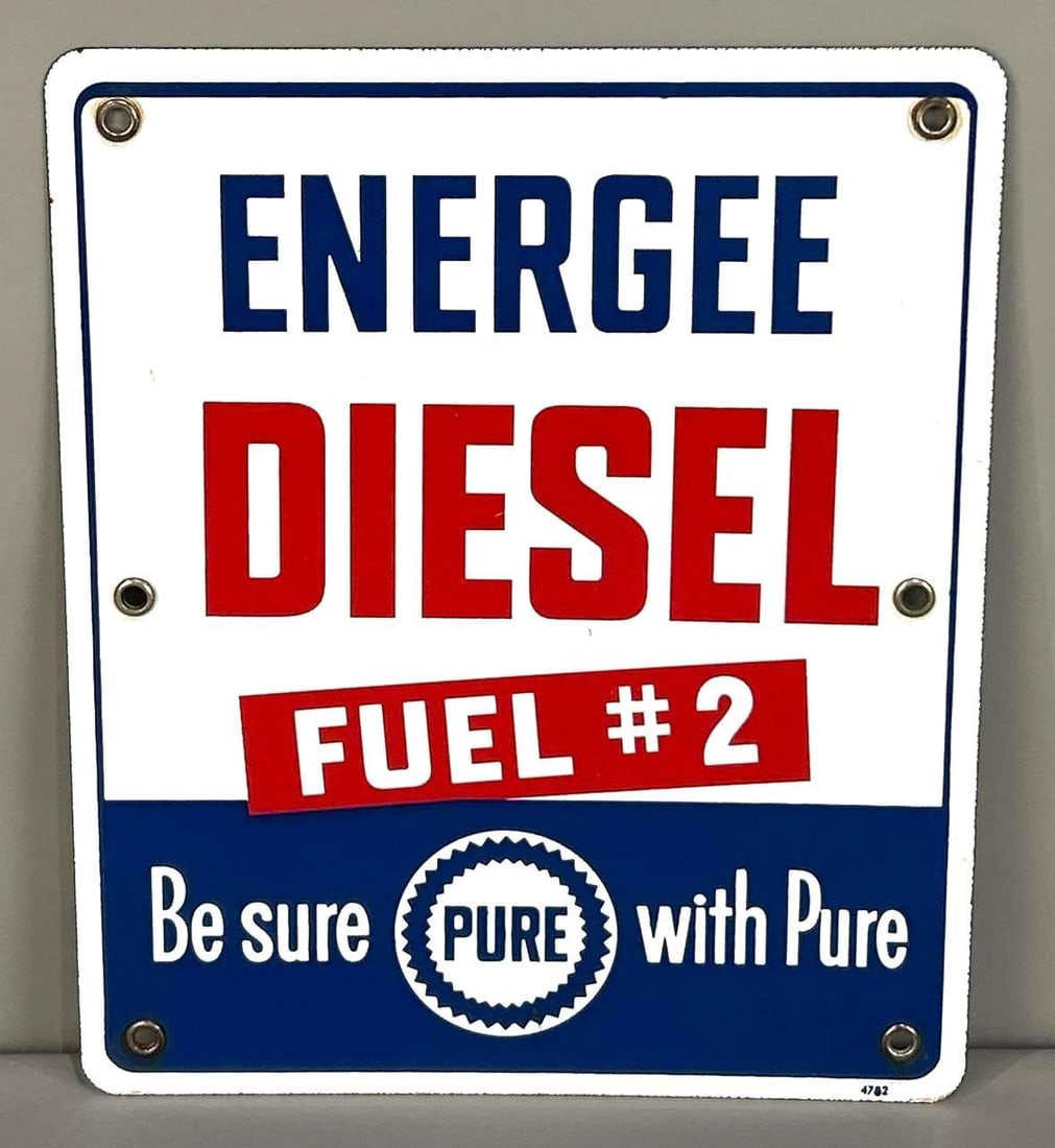 Pure Energee Diesel Fuel #2 Porcelain Pump Plate Sign: Rated 9.25. 10" x 12". This SSP sign has excellent color and gloss with light blemishes and staining in the field. Rarity 2. TAC # 062037