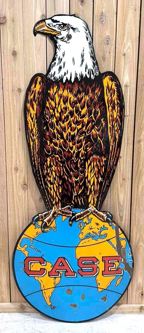 Case Porcelain Sign w/Ole Abe Sitting on the World (TAC): rated 8 & 7.5, 81"x33.5", the SSP two-piece diecut sign has very good color and gloss, top has a few chips in the field, with an extra hole in the head, bottom has chips and cease at right-hand field.