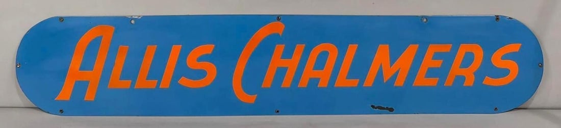 RARE Allis Chalmers Porcelain Sign (TAC): rated 9, 12"x63.5", the SSP sign has very good color and gloss, field is clean, has large chip near the bottom edge. Rarity 9. TAC #063668