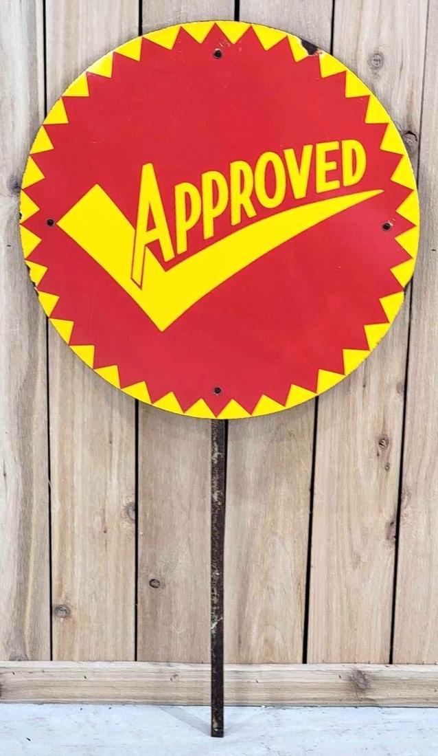 (Massey-Harris) Approved Porcelain Sign (TAC): rated 9.25, 24"D., the SSP sign has excellent color and gloss, field is clean, has small chip at 1 o'clock edge. Rarity 8. TAC #063347