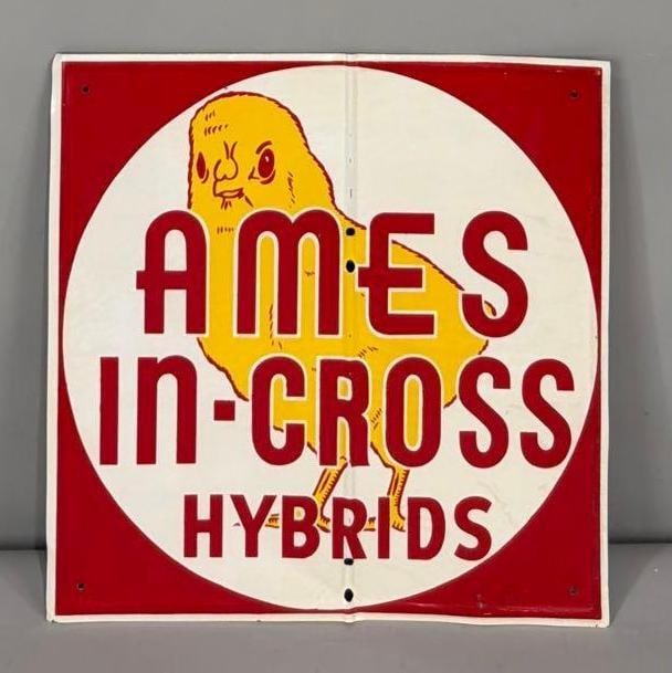 Ames In-Cross Hybrids w/Chick Metal Sign (TAC): rated 8.9, 12"x12", the SST self-framed sign has good color and shine, has light wear. TAC #063722