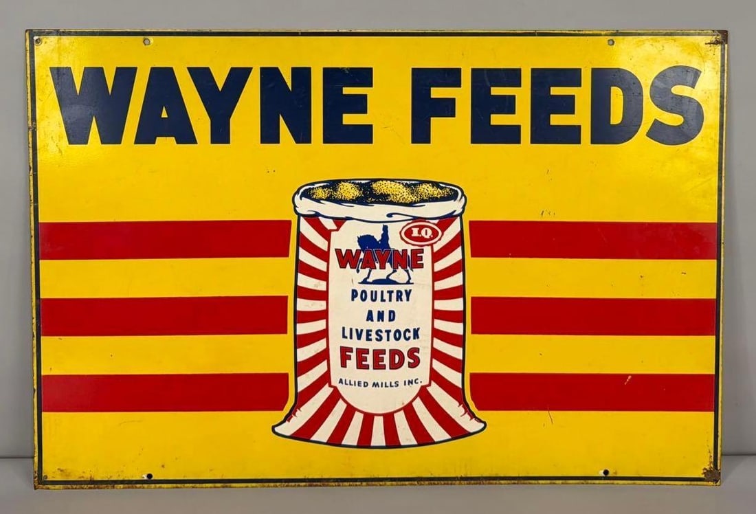 Wayne Feeds w/Logo Metal Sign (TAC): rated 8.25, 24"x36", the SST has good color and some shine, has light and soiling, has more wear around the perimeter. Rarity 6. TAC #063670