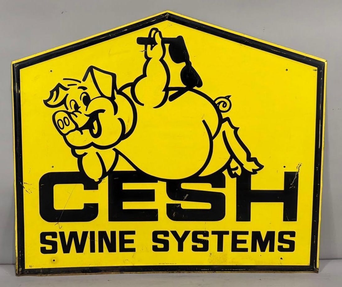 Cesh Swine System w/Image Metal Sign (TAC): rated 8, 38"x32", the SST diecut embossed sign has good color and some shine, has wear and fine scratches, marked Scioto. TAC #063814