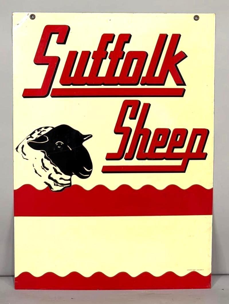 Suffolk Sheep w/Image Metal Sign (TAC): rated 9, 27.75"x19.75", the DST sign has good color and shine, has light wear, marked Scioto. TAC #063813