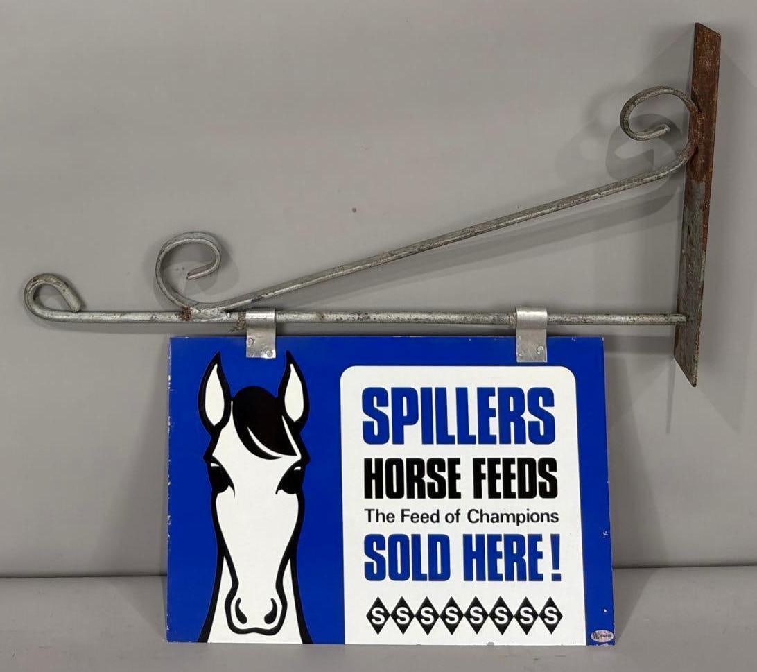 Spillers Horse Feeds Sold Here! Metal Sign w/Hanger (TAC): rated 9, 10"x15", the DST sign has very good color and shine, has light wear around the perimeter. TAC #036938