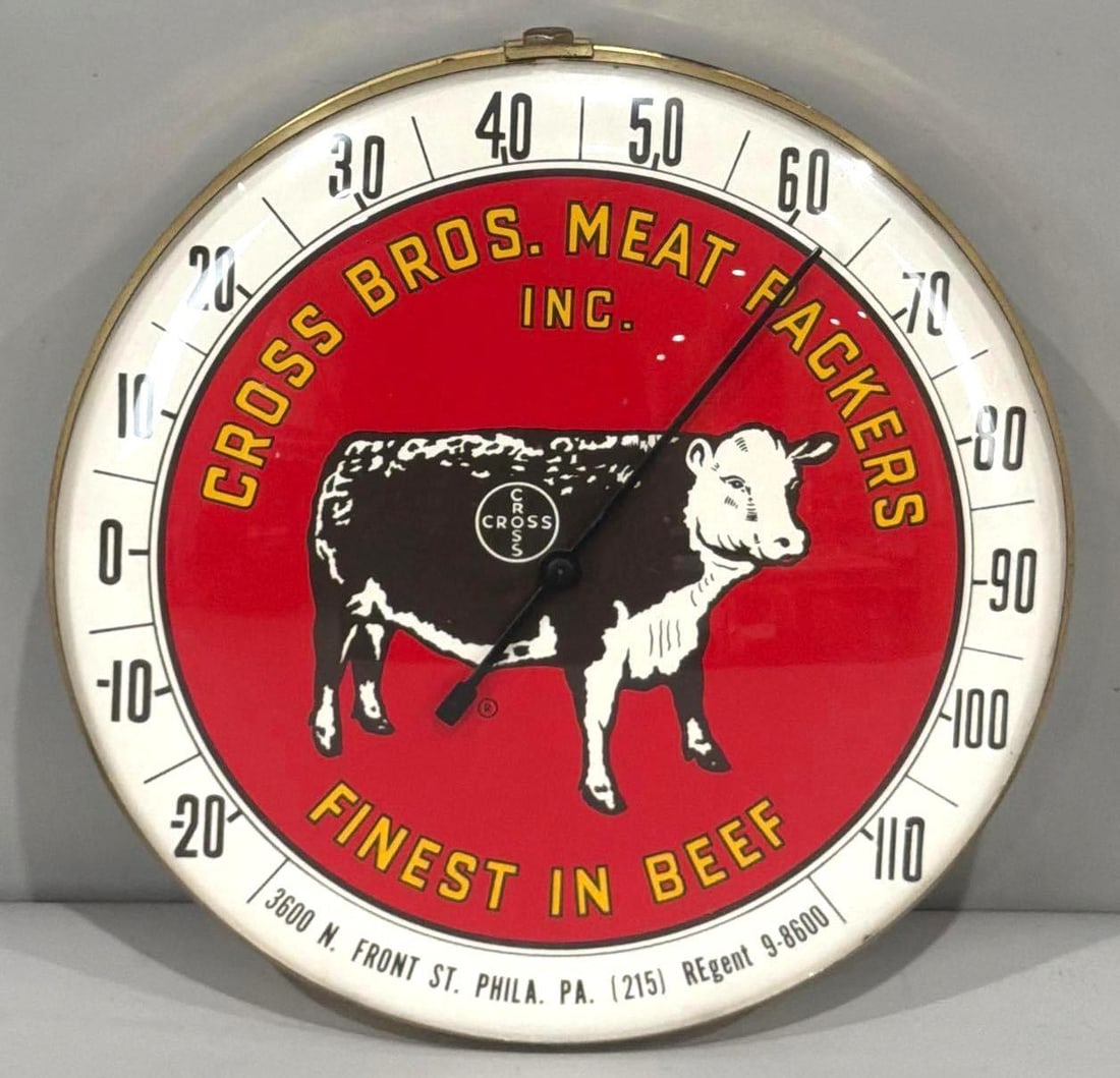 Cross Bros. Meat Packers "Finest in Beef" Round Thermometer: rated 9.5, 12'D., the round thermomter is in excellent condition. 