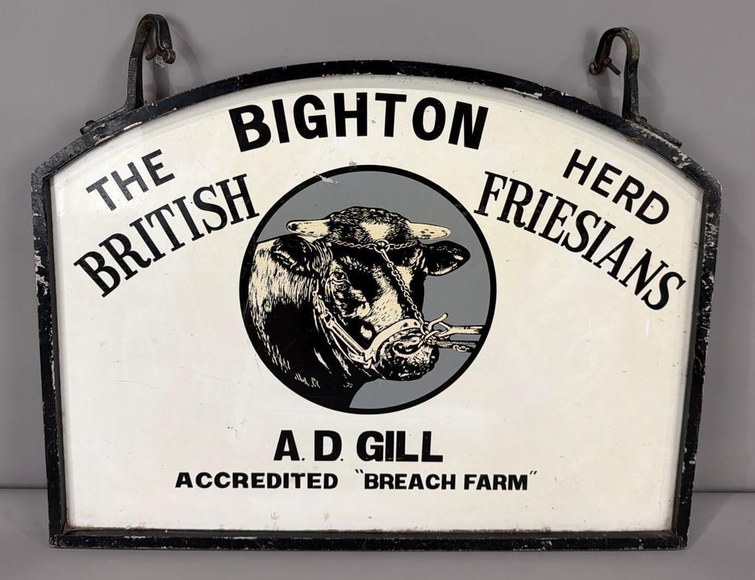 British Friesians w/Image Metal Sign (TAC): rated 8.5, 18"x24", the the DST diecut sign in metal frame, has good color and shine, has wear. TAC #036898