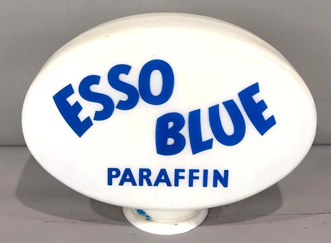 Esso Blue Paraffin OPB Milk Glass Globe: rated 9.5, 15.5"T., the OPB (one-piece baked) milk glass globe is in excellent condition. 