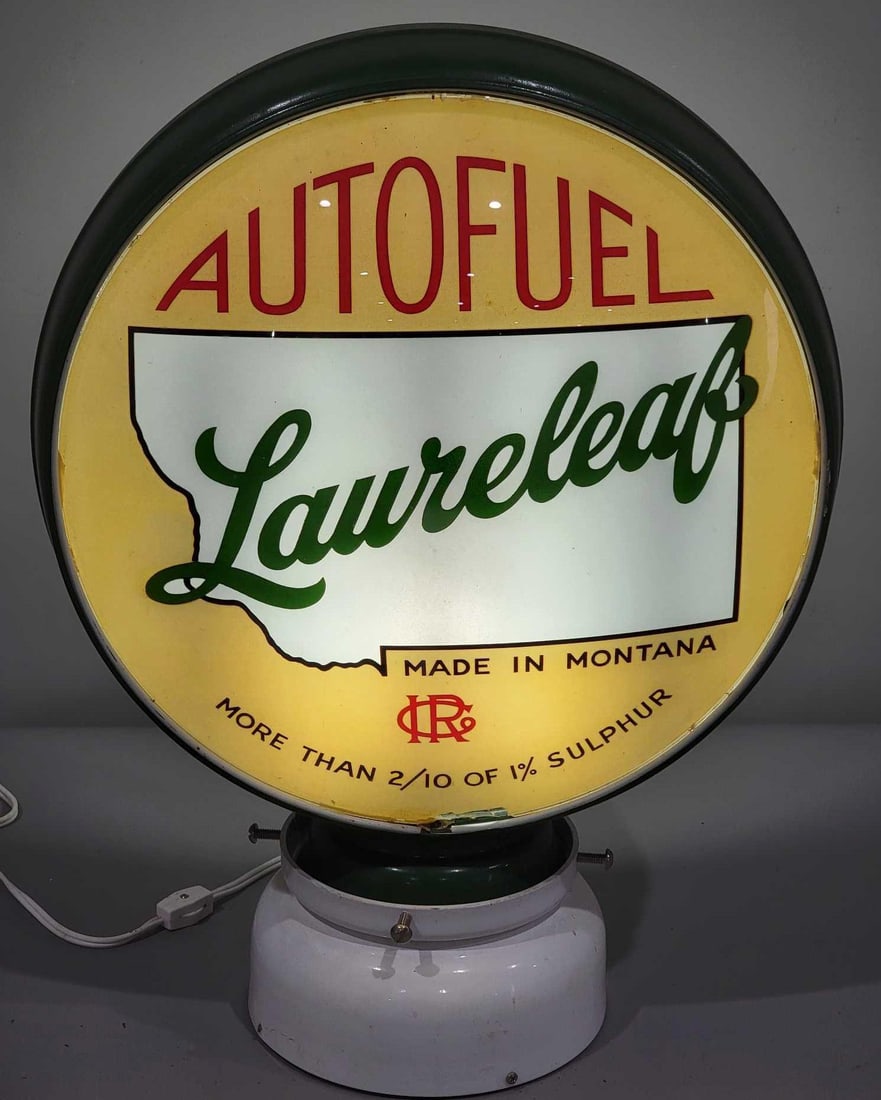 Laureleaf Autofuel w/Montana Outline 15" Globe Lens (TAC): rated 8.5, the 15"D., the single lens has good color, has chip at the bottom point of the lens, mounted in an original LP metal globe body. TAC #025254