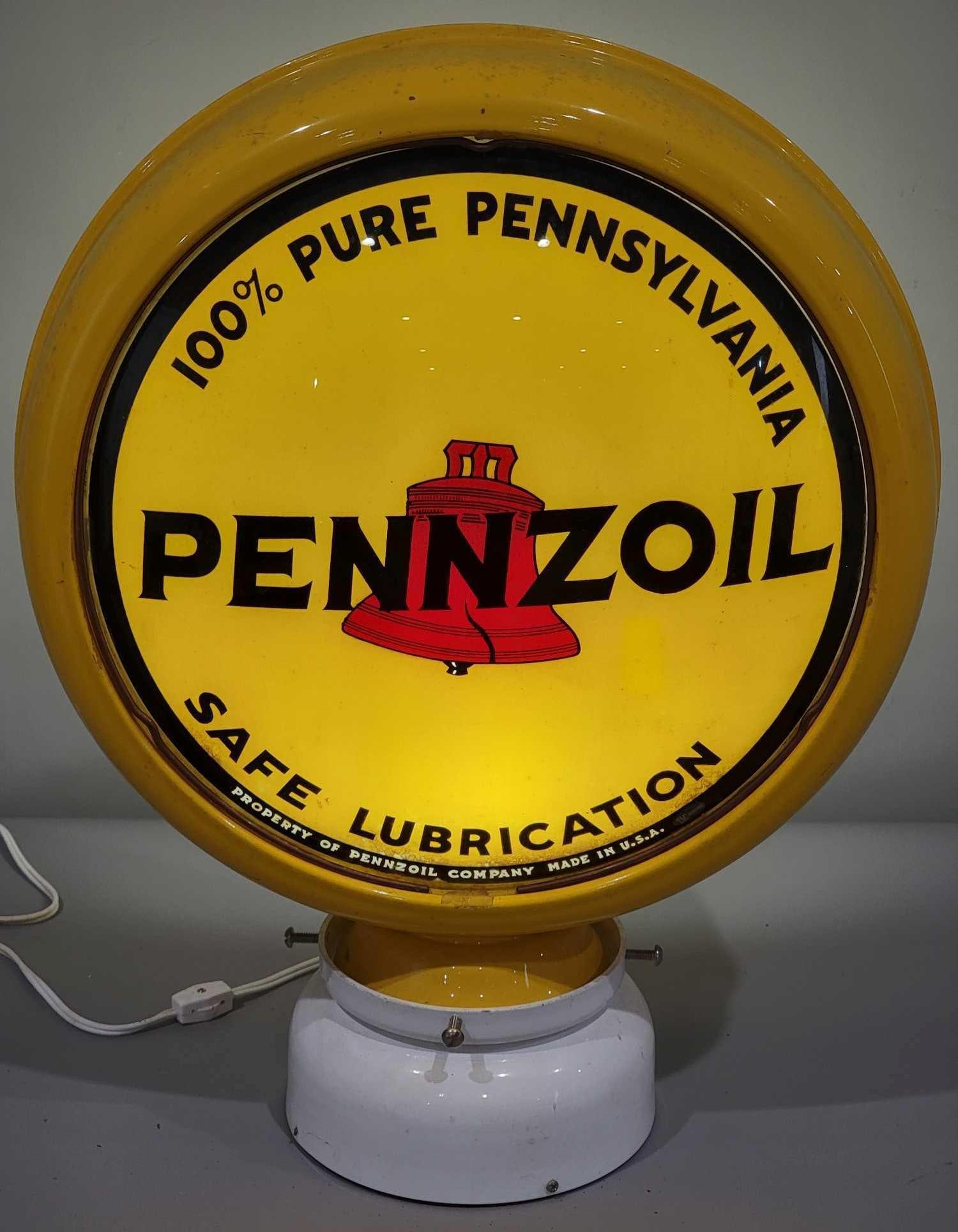 Pennzoil w/Red Bell Logo 15" Globe Lens (TAC): rated 8, the 15"D., single globe lens has good color, has wear and paint loss in the bottom one inch, mounted in a new HP metal globe body. TAC #025255
