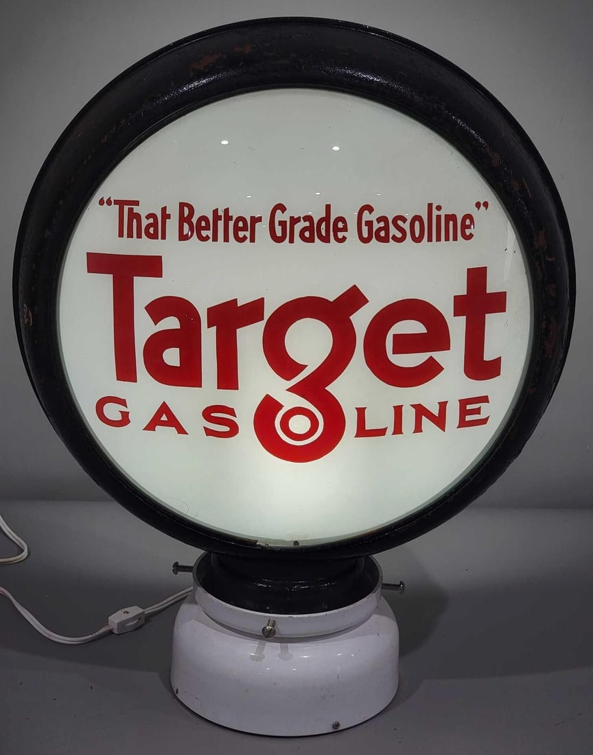 Target Gasoline 15" Globe Lens (TAC): rated 9.5, the 15"D. single globe lens is in excellent condition, mounted in a HP metal globe body, the body has holes that were probably of a neon halo. TAC #025257