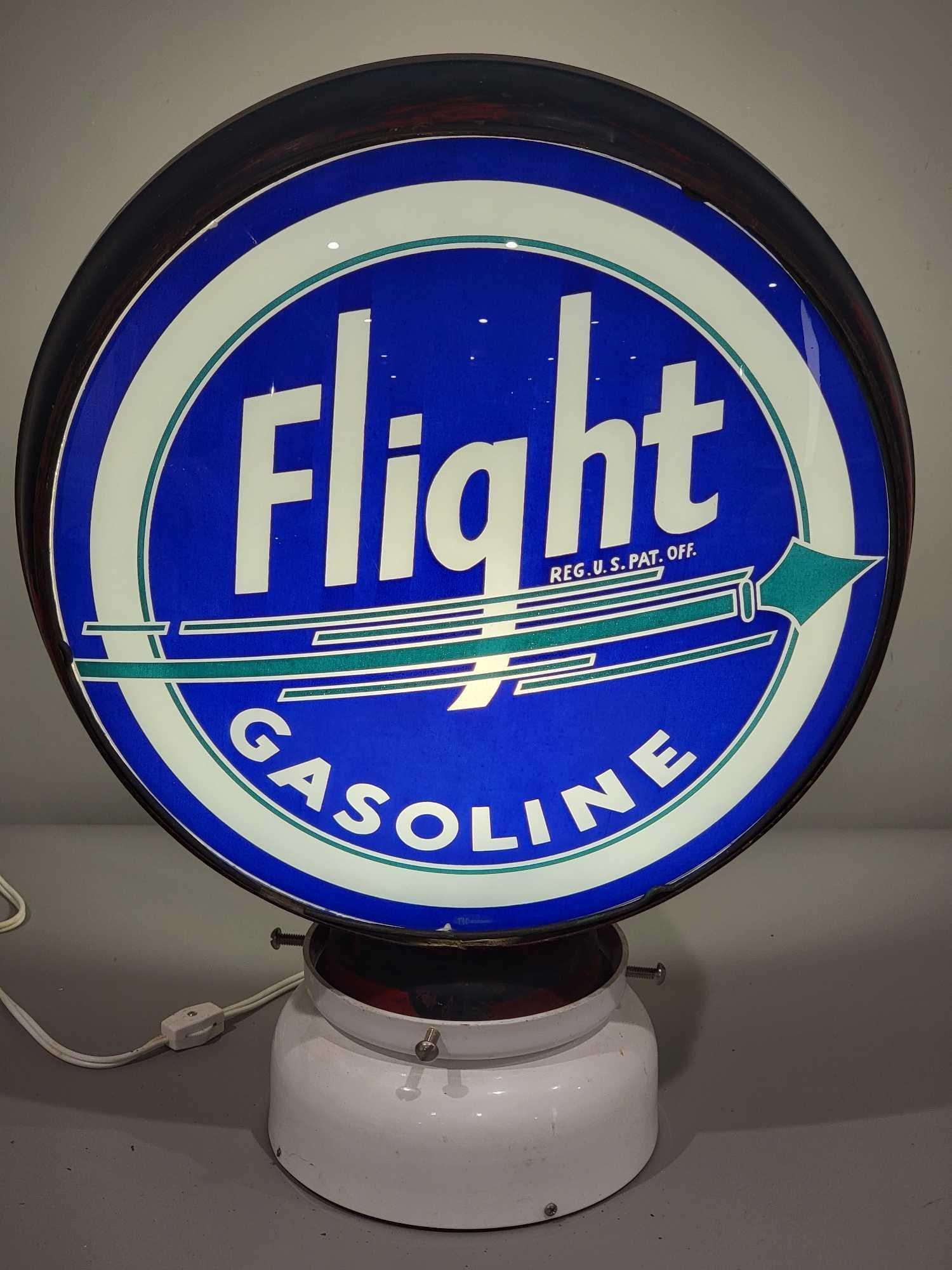 Flight Gasoline w/Arrow Logo 15" Globe Lens (TAC): rated 9.5, the 15"D., single globe lens is in excellent condition, mounted in an original LP metal globe body. TAC #025260