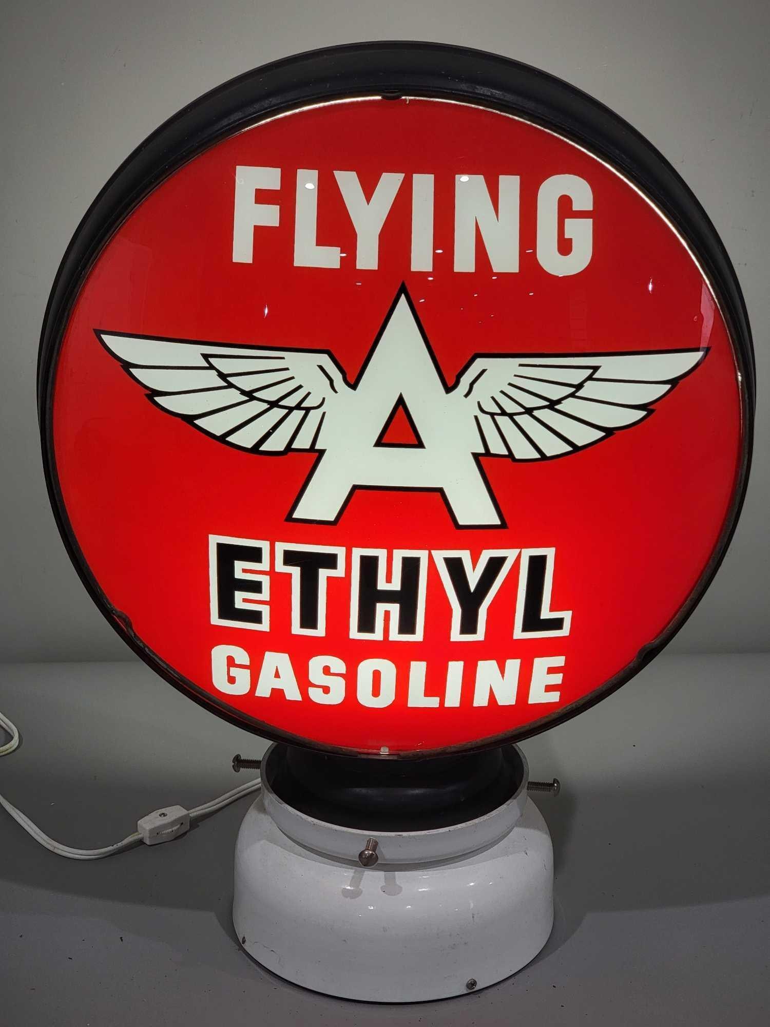 Flying A Ethyl Gasoline 15" Globe Lens (TAC): rated 9.5, the 15"D., single globe lens is in excellent condition, mounted in an original LP metal globe body. TAC #025261