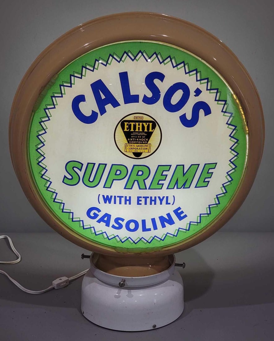 Calso's Supreme Gasoline w/Ethyl Logo 15" Globe Lens (TAC): rated 9.5, the 15"D., single globe lens is in very good condition, has been silicon in, mounted in a new fiberglass globe body. TAC #025267