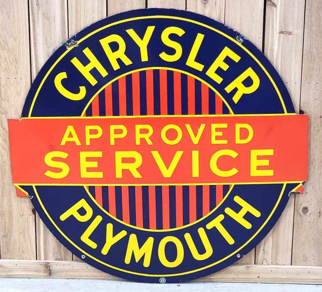 Chrysler Plymouth Approved Service Porcelain Dealership Sign (TAC): rated 9c, 42"x44.5", the DSP sign has excellent color and gloss, tiny chip on both sides, minor chips at mounting holes and around the perimeter. Rarity 4. TAC #063378