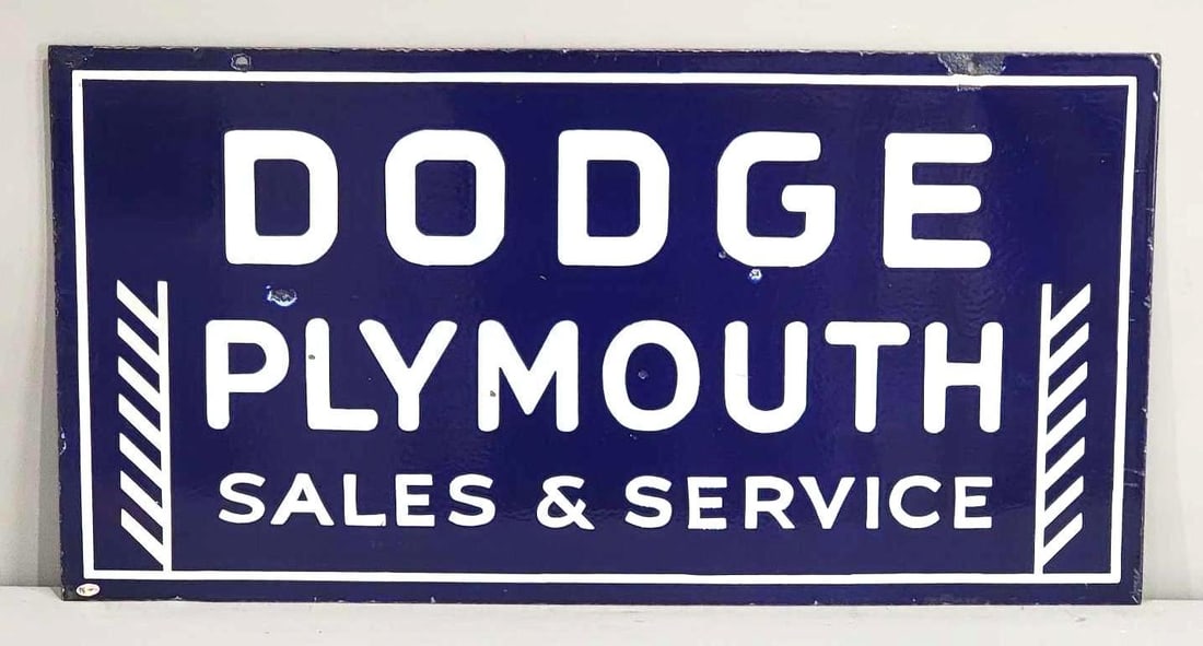 Dodge Plymouth Sales & Service Porcelain Sign (TAC): rated 8.5, 18"x35", the DSP sign has very good color and gloss, has a few small chips on both sides, chips at the mounting holes. Rarity 6. TAC #036632