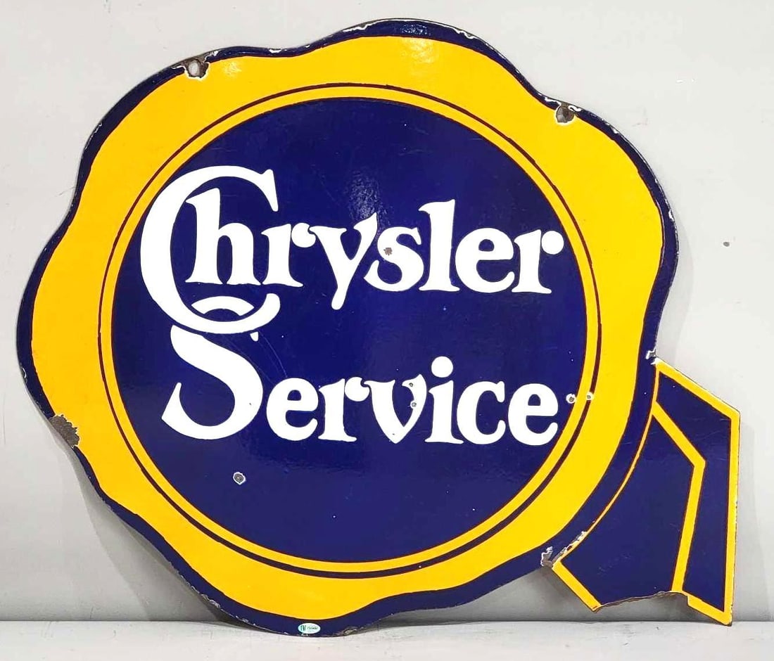 Chrysler Service w/Ribbon Logo Porcelain Sign (TAC): rated 7, 21"x25.5", the DSP die-cut sign has good color and gloss, has small chips and wear, has small piece of the ribbon is missing. Rarity 5. TAC #032433