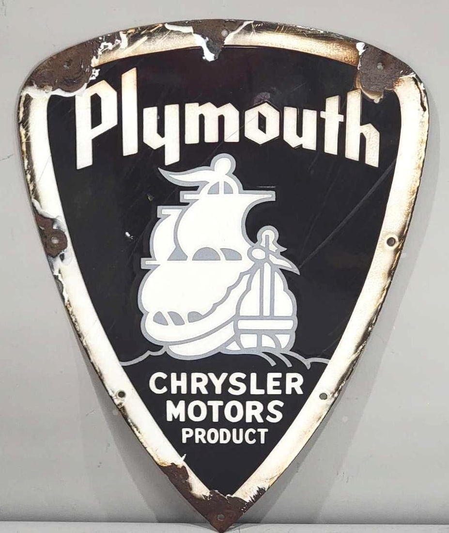 Plymouth Chrysler Motors Products w/Ship Logo Porcelain Sign (TAC): rated 6.9, 21.5"x15.5", the SSP die-cut sign has good color and some gloss, has scratches and marks in the field, large chips around the perimeter. Rarity 7. TAC #063339